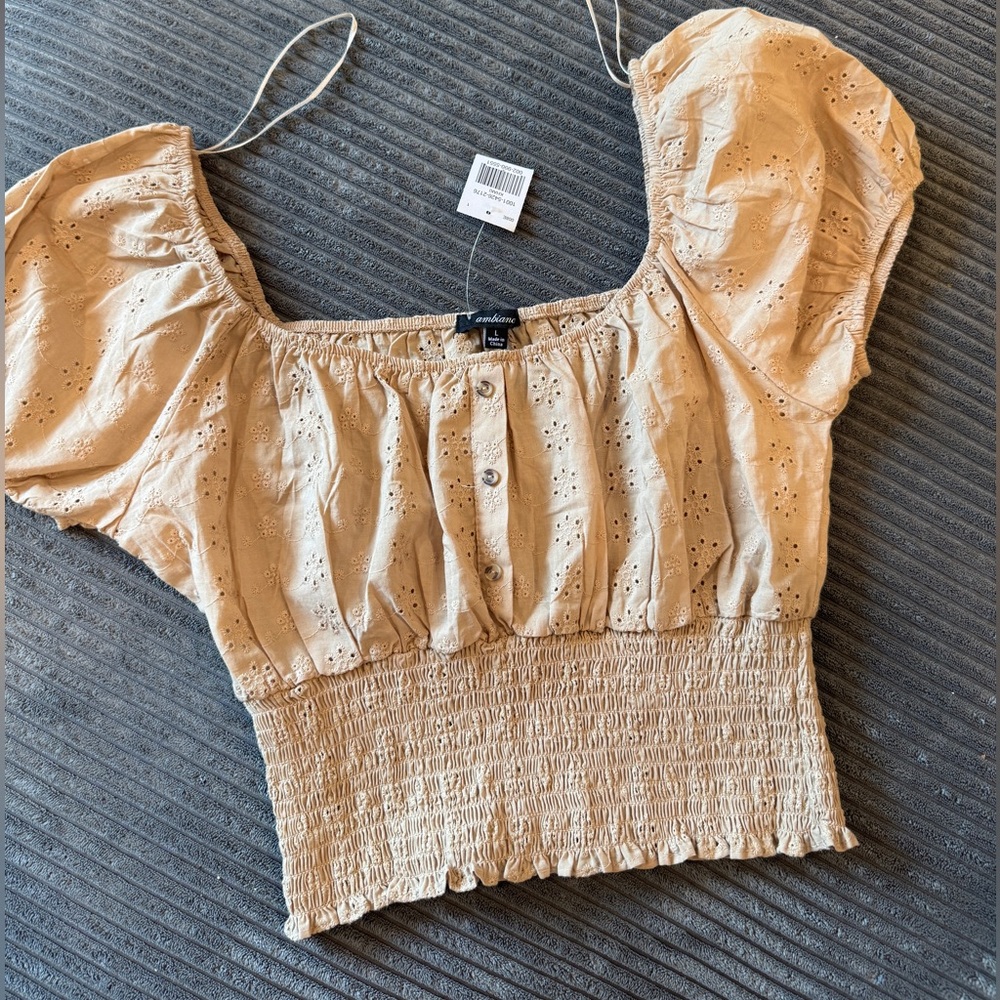 Ambience Beige Smocked Puff Sleeve Top